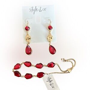 Style & Co. Gold-Tone Bracelet and Red Drop Earrings Set NWT